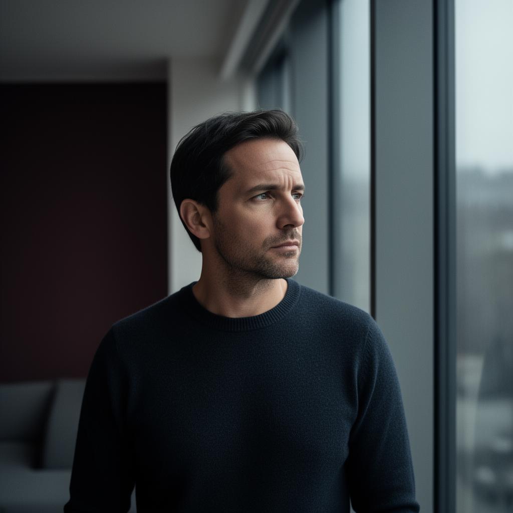 Mann am Fenster, in sich gekehrt – ruhige Stärke und innere Anspannung zugleich.