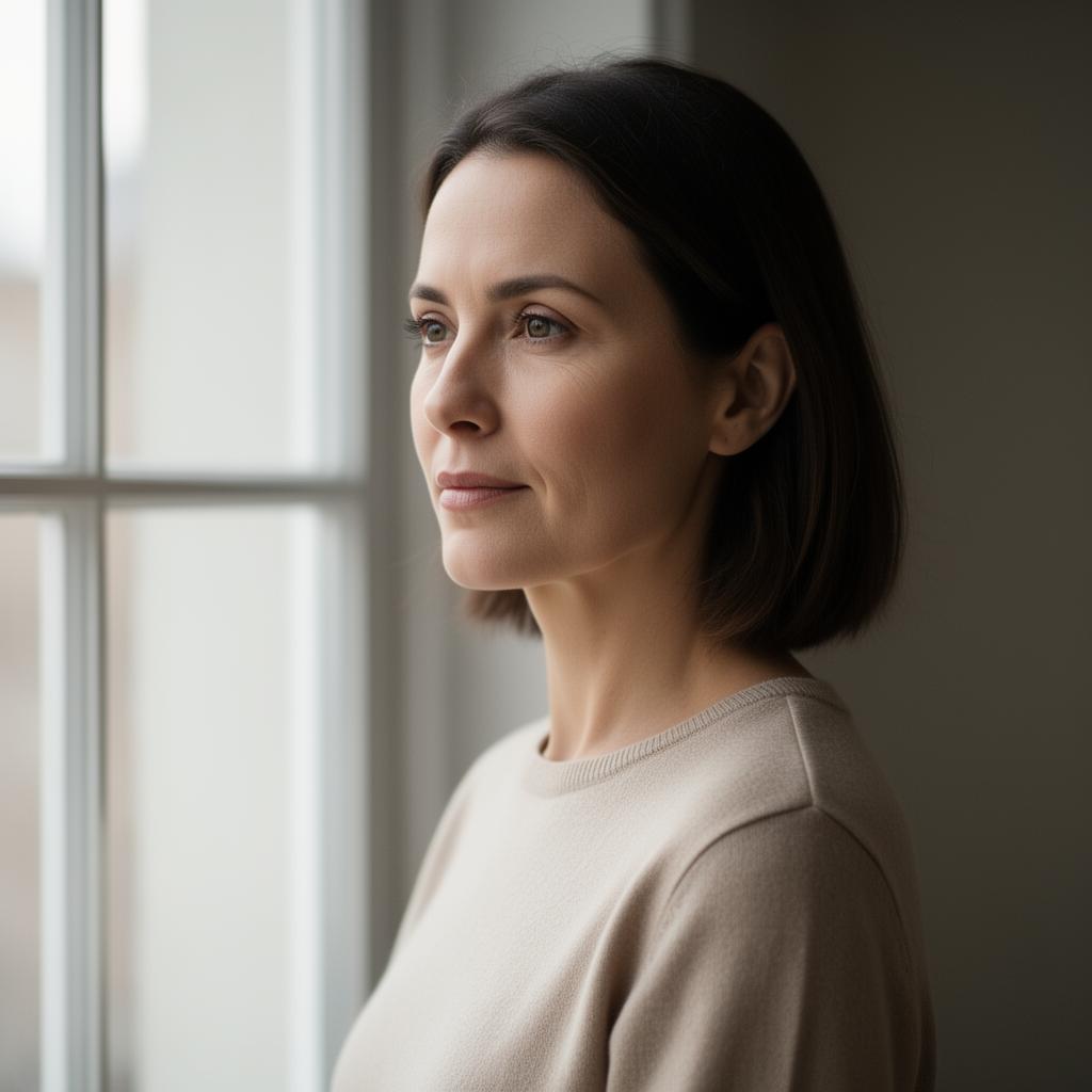 Frau in warmem Licht, nachdenklich und zart – getragen, aber innerlich unruhig.